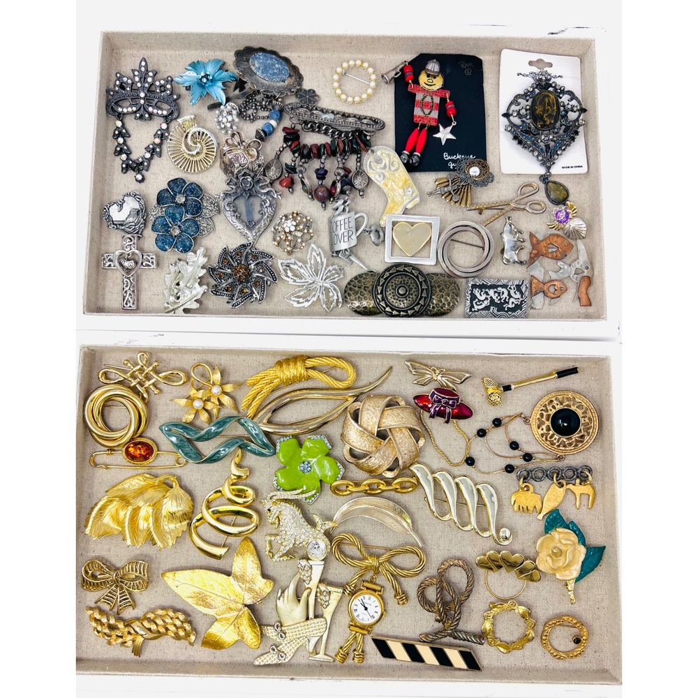 Vintage & Modern Gold & Silver Tone Assorted Rhinestone Floral Brooch lot of 52